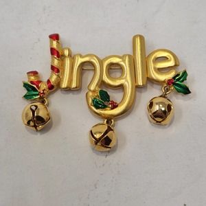Christmas Jingle Bell Gold Tone Brooch Pin Red Green Enamel Holiday Candy Cane